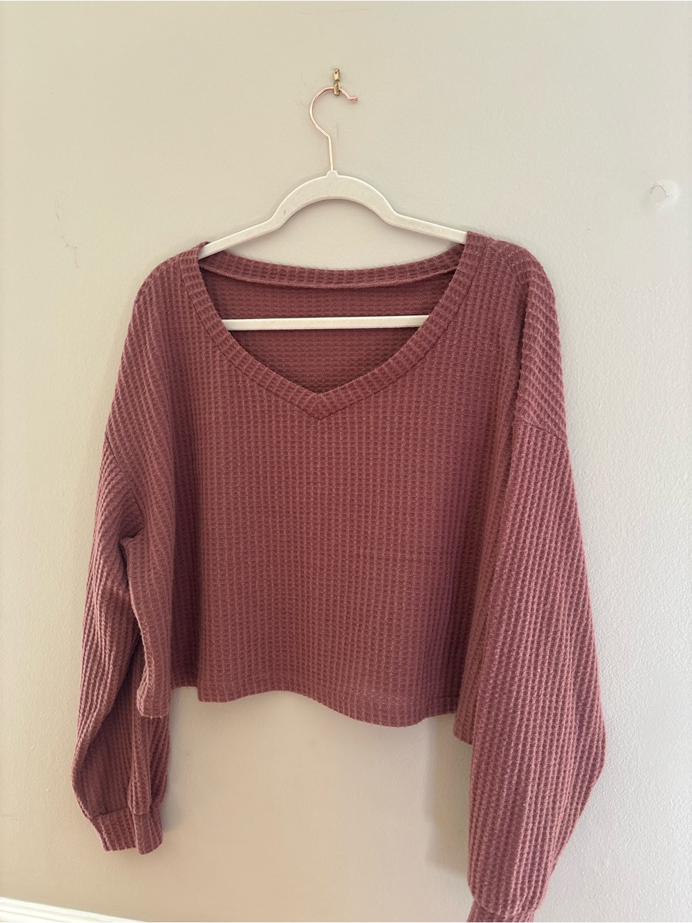 SHEIN Mauve Waffle Knit V-Neck Sweater